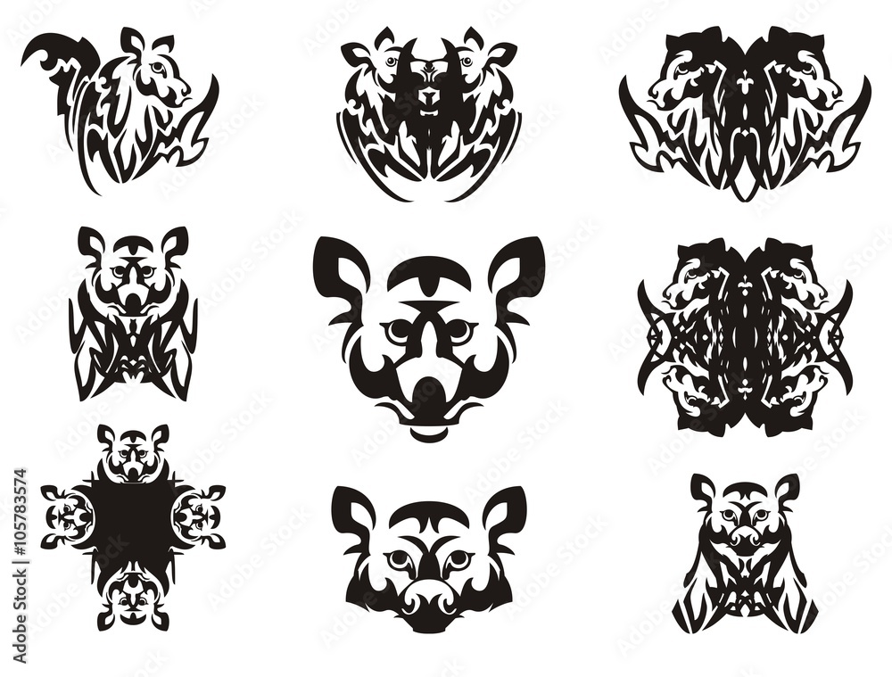 Imaginary animal head and symbols from it. Tribal imaginary head of an animal with wings, the head of a raccoon, a cross and other double symbols
