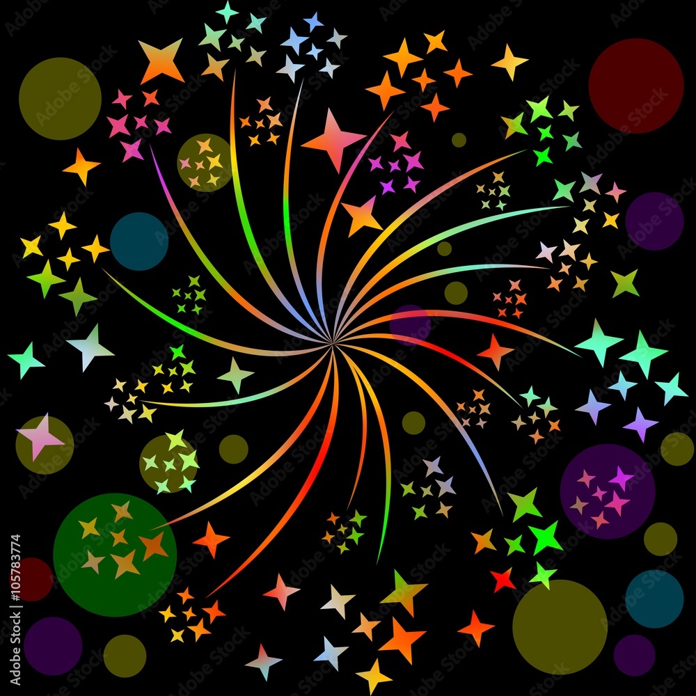 Fireworks, pyrotechnics rosette motif with multicolored stars on black background with blurry lights. Decoration for celebration, birthday, New year