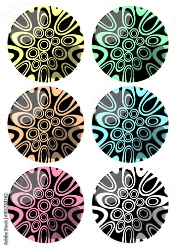 Set of spheres with swirly pattern decoration in different color variants