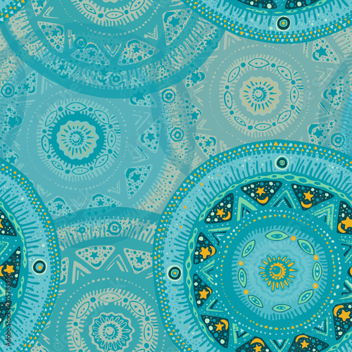 Pattern from turquoise hand-drawn mandalas