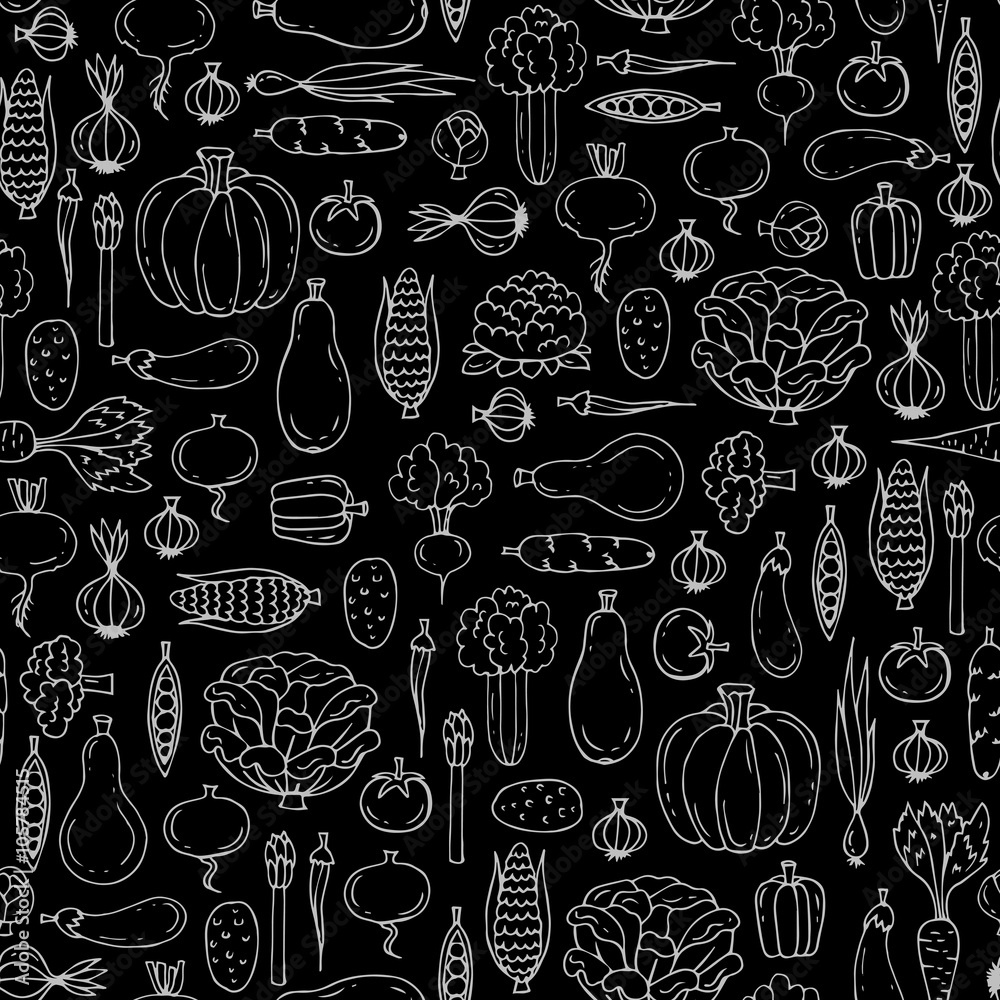 Vector seamless pattern with hand drawn isolated vegetables on black color Vector seamless pattern with hand drawn isolated vegetables on black color