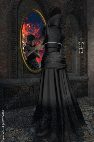 Foto Fairy-tale evil stepmother gazes into magic mirror