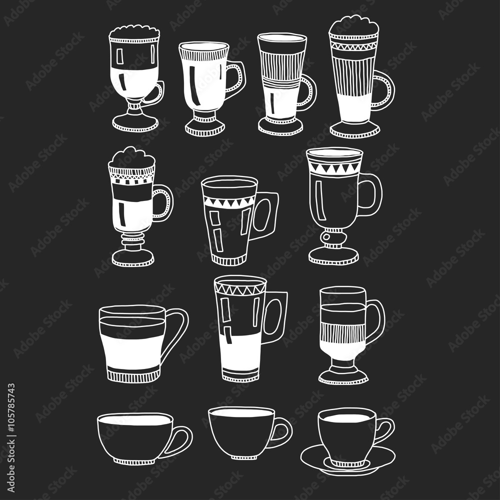 Hand drawn coffee cups on black background Hand drawn coffee cups on black background