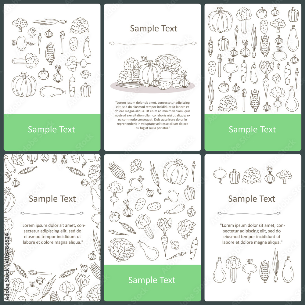 Vector set of prepared cards with hand drawn vegetables