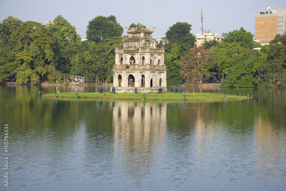 The Turtle tower on the sword Lake in the afternoon sun. Hanoi
