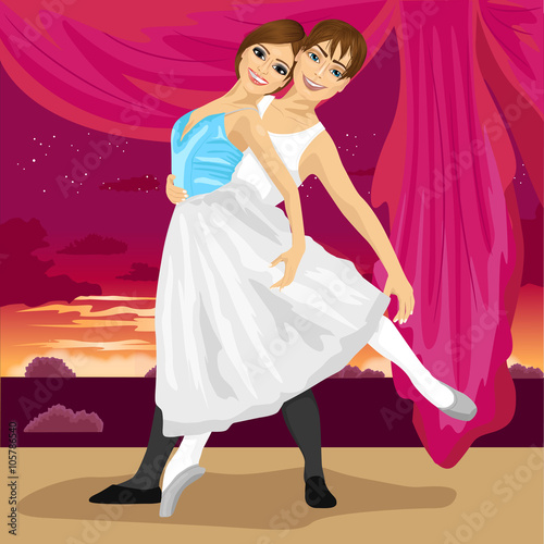 Couple of ballet dancers posing over scenery with evening sunset