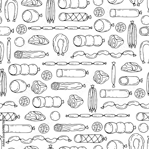 Vector seamless pattern with hand drawn isolated sausage product on white color
