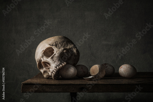 Still life photography with Human skull and eggs