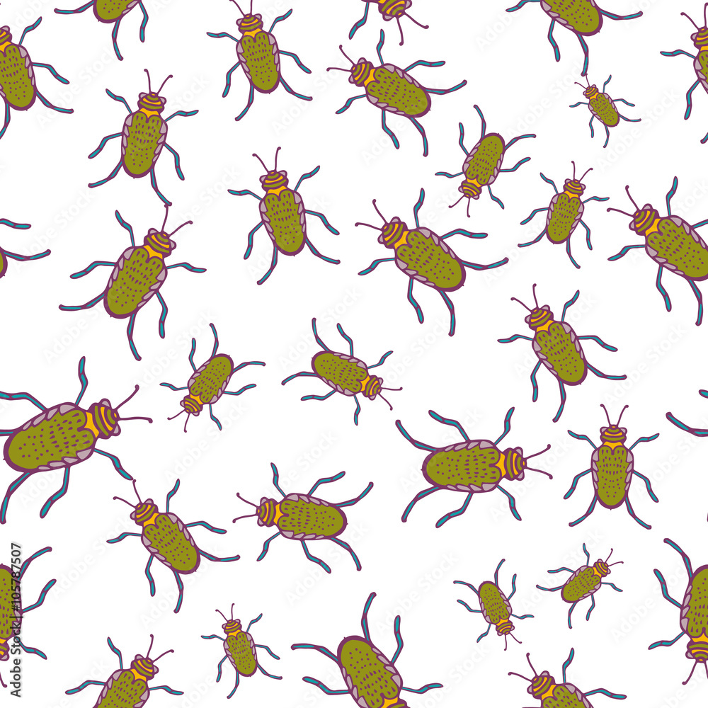 Obraz premium Seamless pattern with hand-drawn insects. Black, yellow on white beetles insect texture. Beetle bug vector pattern ornament.
