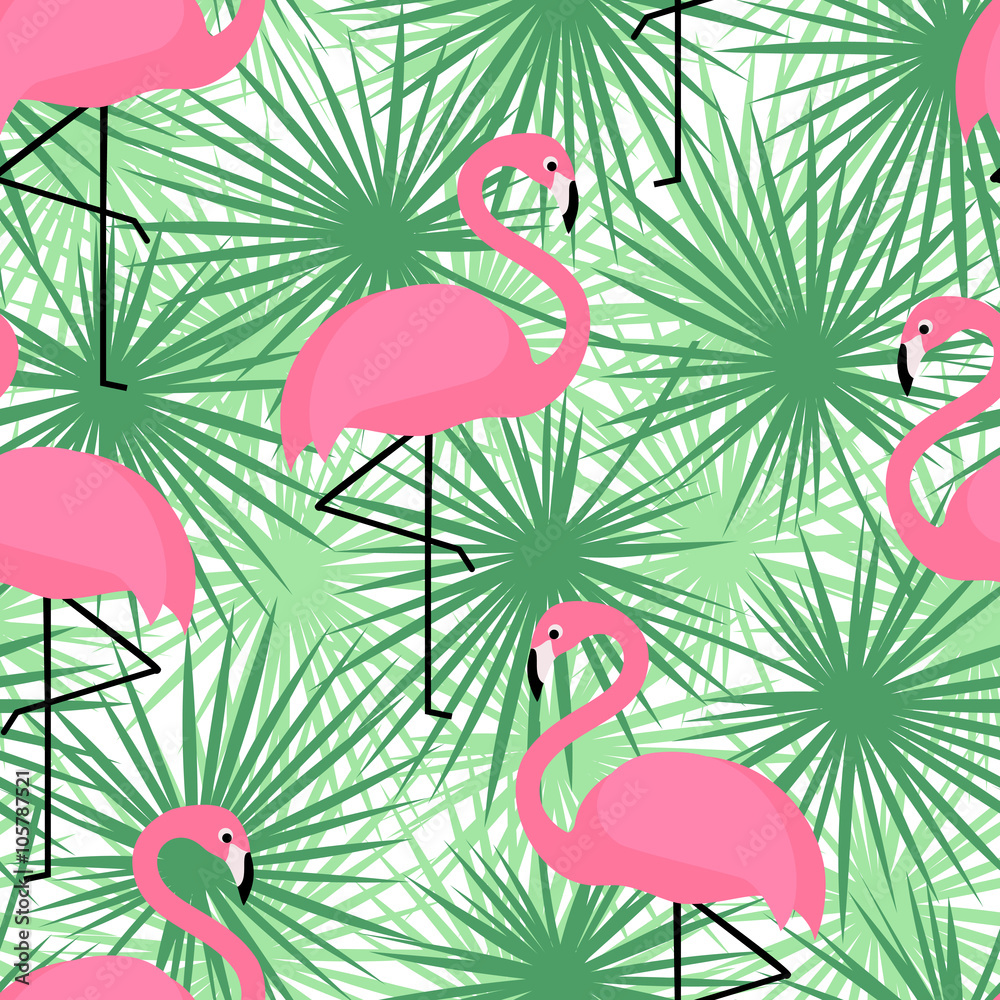 Naklejka premium Tropical trendy seamless pattern with flamingos and palm leaves. Exotic Hawaii art background. Design for fabric and decor. Summer fashion print. Pink flamingo illustration.
