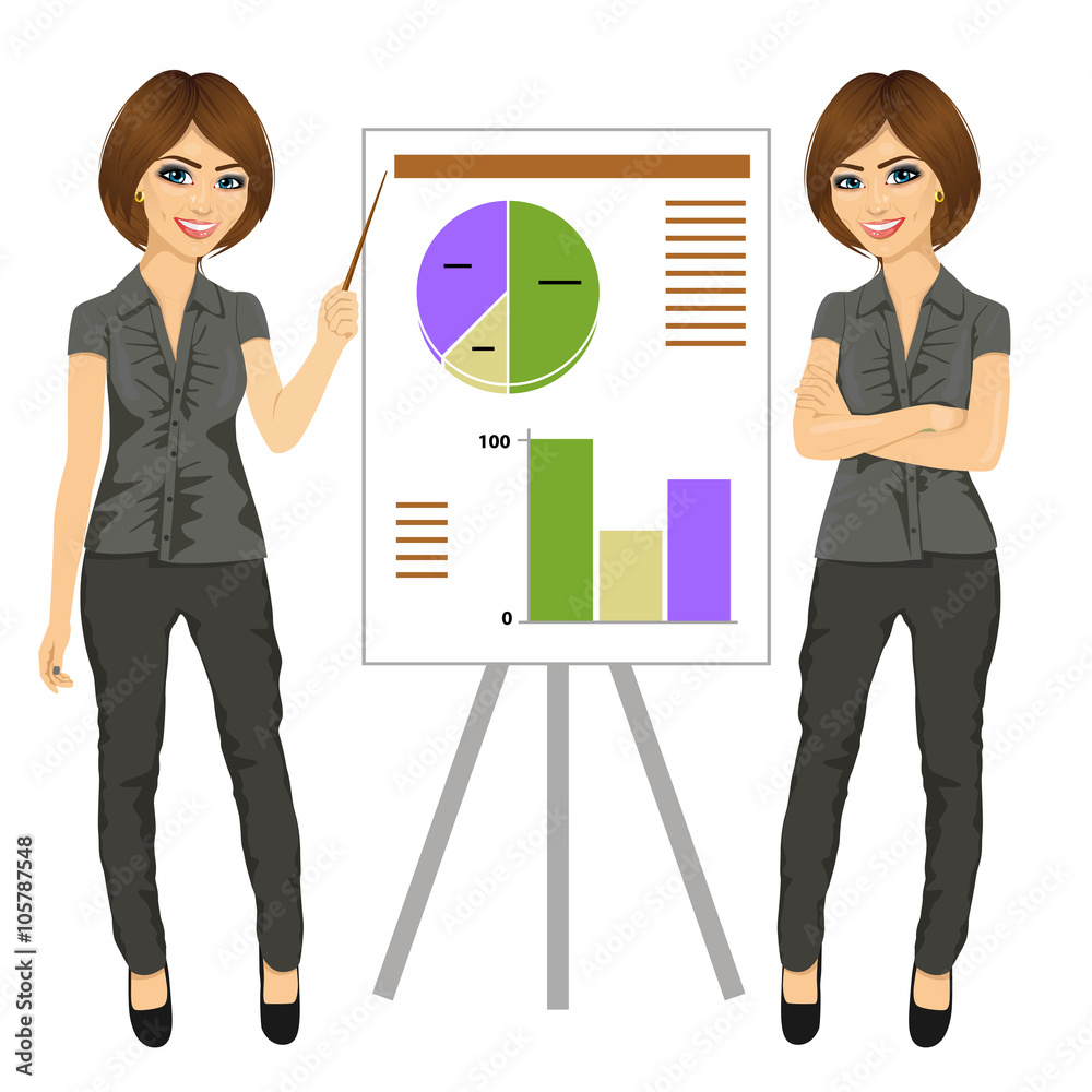 beautiful businesswoman standing near flip board pointing and explaining finances concept beautiful businesswoman standing near flip board pointing and explaining finances concept