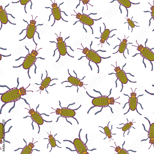Seamless pattern with hand-drawn insects. Black, yellow on white beetles insect texture. Beetle bug vector pattern ornament.