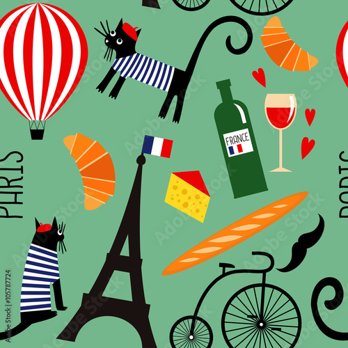 French culture symbols seamless pattern. Cartoon Paris illustration: wine, Eiffel tower, baguette, retro bicycle, mustache, cheese. Summer holidays in Paris vector background.