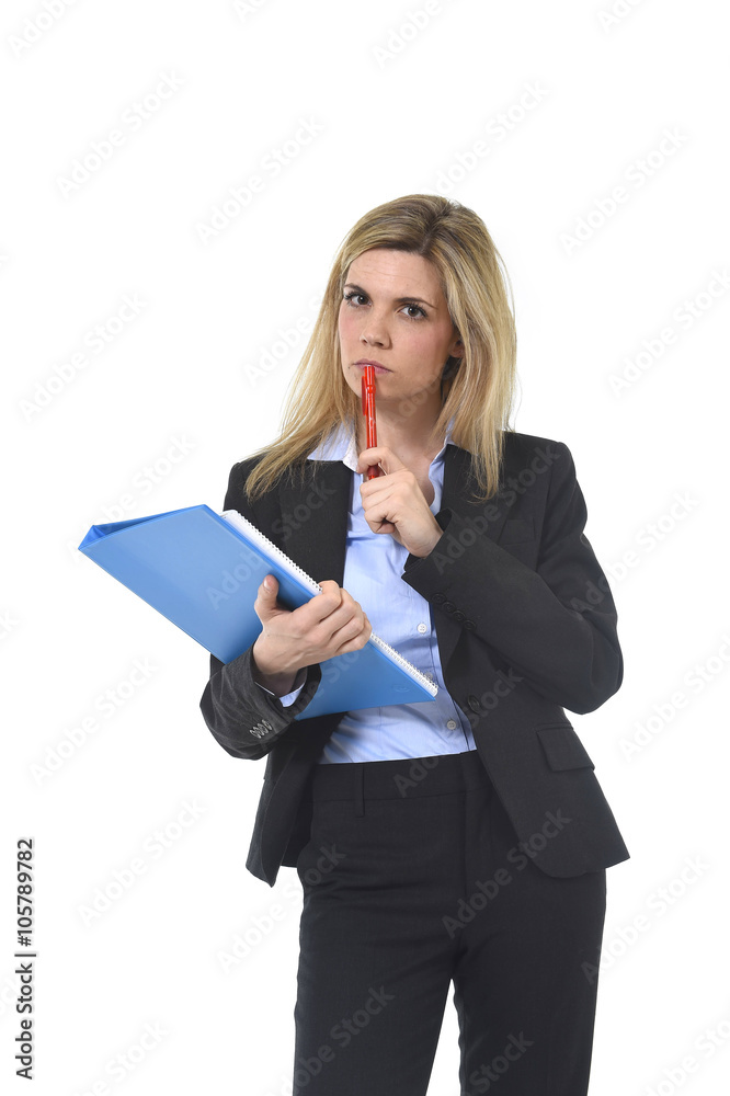 young attractive and thoughtful business woman with blue folder and pen thinking about project young attractive and thoughtful business woman with blue folder and pen thinking about project