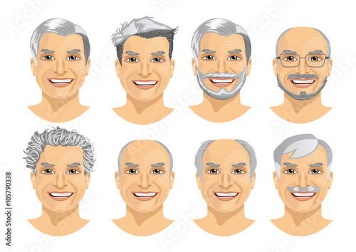 isolated set of mature man avatar with different hairstyles