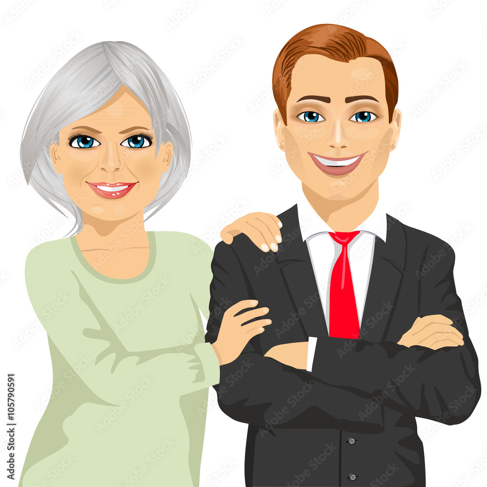 happy mother embracing her son dressed in business suit standing with arms folded happy mother embracing her son dressed in business suit standing with arms folded