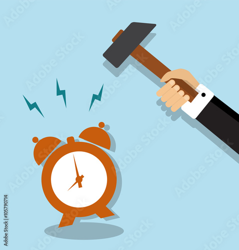 alarm clock ringing loudly and it stretches a hand holding a hammer