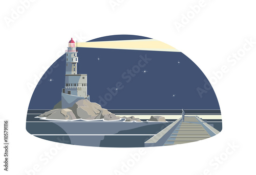 A man in the seawall looking a lighthouse lightning in the night