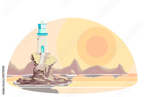  A lighthouse on an island in front of a sunset