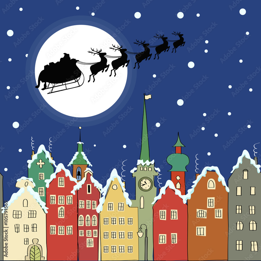 Santa Claus with reindeer sleigh through a Christmas night 