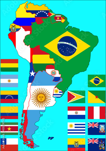 South America political map, with flags of countries. Vector