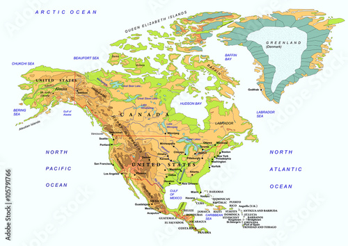 North American map with names of objects, vector