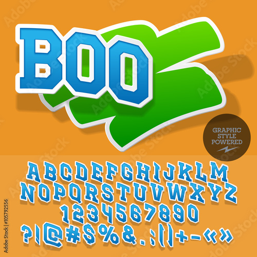 Fresh sticker style logotype for organic, ecologic store. Vector set of letters and numbers