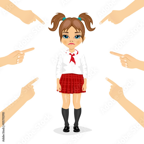 pretty little schoolgirl being accused with fingers pointing at her