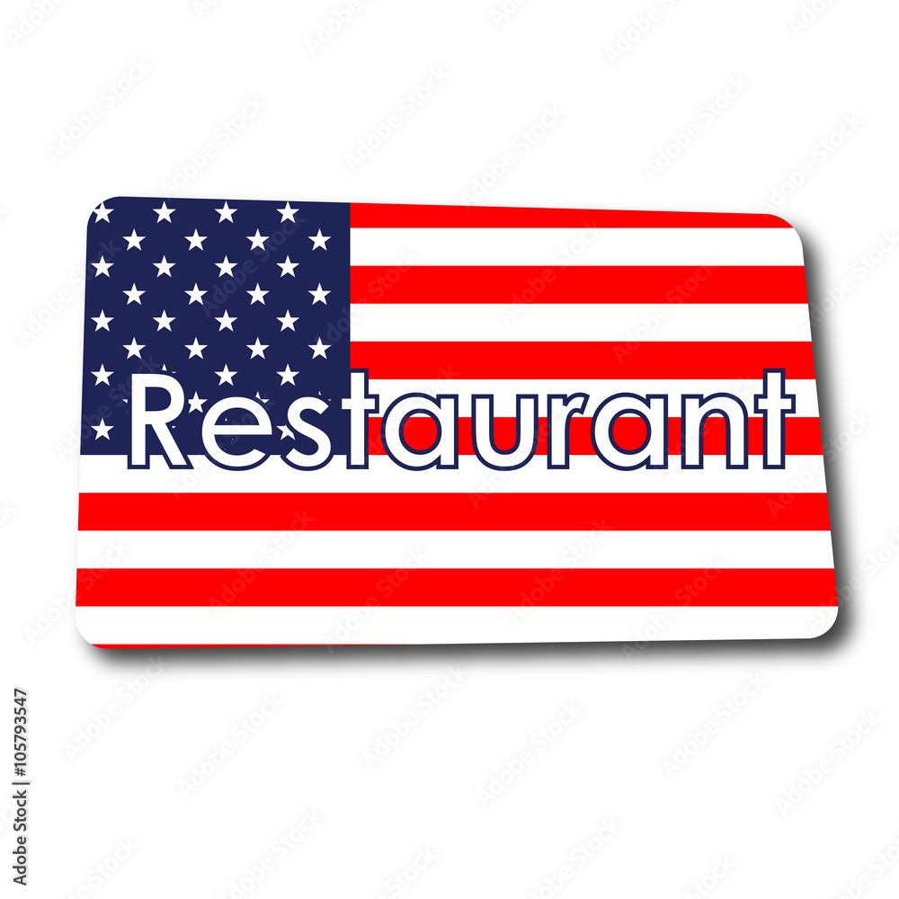 Icono plano Restaurant en rectangulo con badera USA y sombra Icono plano Restaurant en rectangulo con badera USA y sombra
