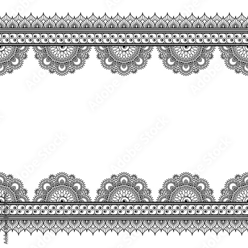 Indian mehndi henna border elements with flowers pattern card for tattoo on white background.