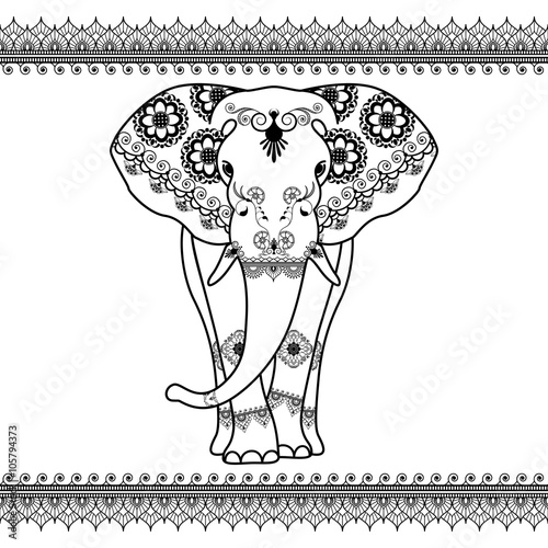 Elephant with border elements in ethnic mehndi style. Vector black and white frontal elephant's illustration isolated on white background