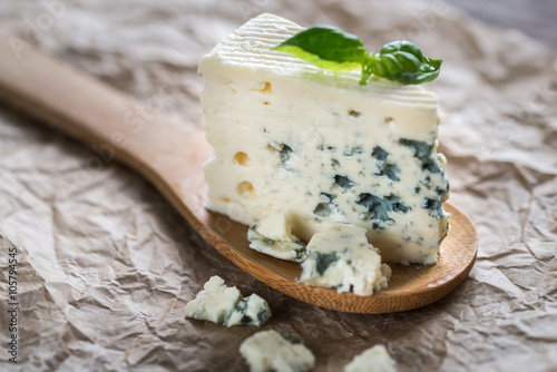 Piece of the blue cheese on the wooden spoon photo