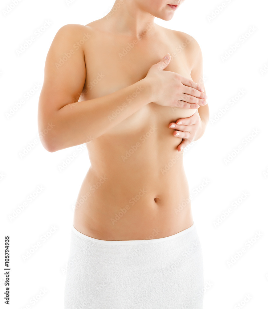 Naklejka premium Woman examining her breast isolated on white background