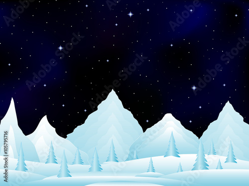 Vector night landscape with snowy frozen mountains under starry night sky. Vector night scene. Frozen winter landscape