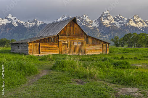Old wooden Mormon barn on Mormon Row in Grand Teton National Park