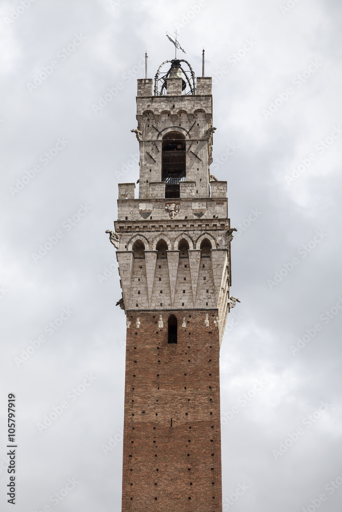 Sienna, Torre del Mangia (Palazzo Pubblico) at the Piazza del Campo, Tuscany, Italy, Europe