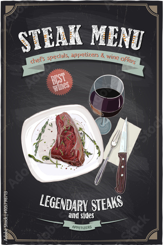 Steak menu chalkboard design with hand drawn illustration of a fillet mignon steak on a plate