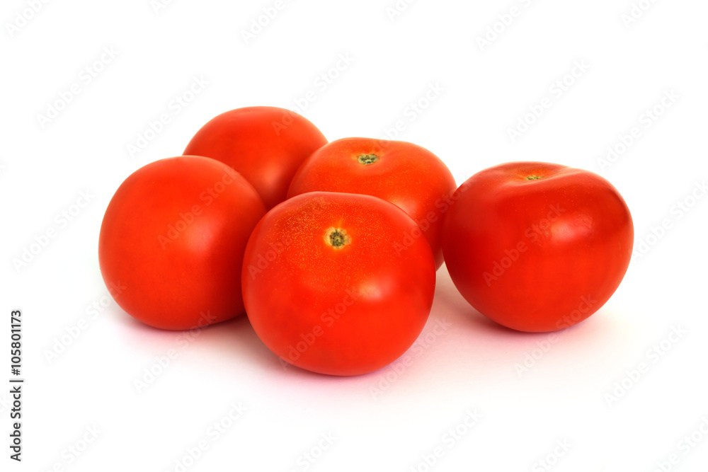 Five ripe red tomatoes isolated on white background closeup Five ripe red tomatoes isolated on white background closeup