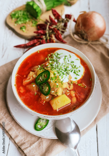 ukrainian national soup borscht with a fresh chives and sour cre