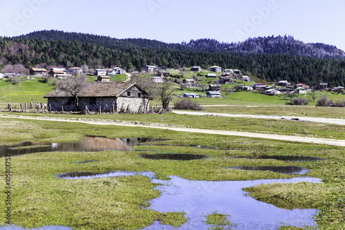 Abandoned mountain houses at Karagol plateau near Tarakli, Sakarya, Turkey. photo