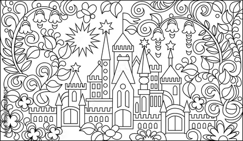 Black and white illustration of fairyland castle for coloring. Developing children skills for drawing. Vector image.