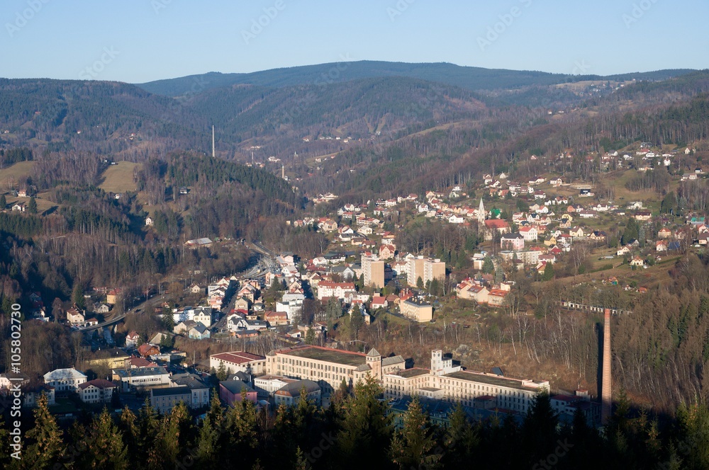 Tanvald in the Jizera Mountains from viewpoint Terezinka, Northern Bohemia, Czech republic
