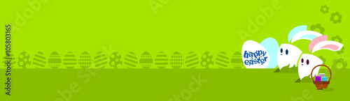 Cartoon Rabbits Couple With Chat Bubble Eggs Happy Easter Holiday Basket Look To Empty Copy Space