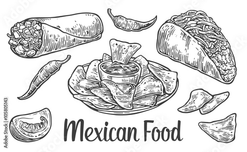 Mexican traditional food set with text message, burrito, tacos, chili, tomato, nachos. Vector vintage engraved illustration for menu, poster, web. Isolated on white background.