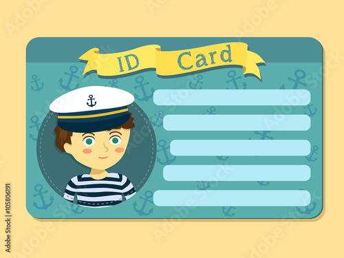 Identification card with blue sailor theme with boy captain photo and blank space for name address 