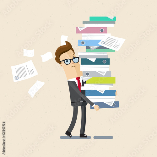 Manager, clerk, office woker. A man drags a big pile of documents. Illustration, vector EPS10.