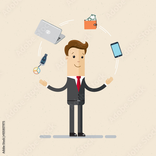 Businessman or manager. A man in a suit and tie juggles car keys, wallet with money, phone and laptop.  Illustration,  vector EPS10