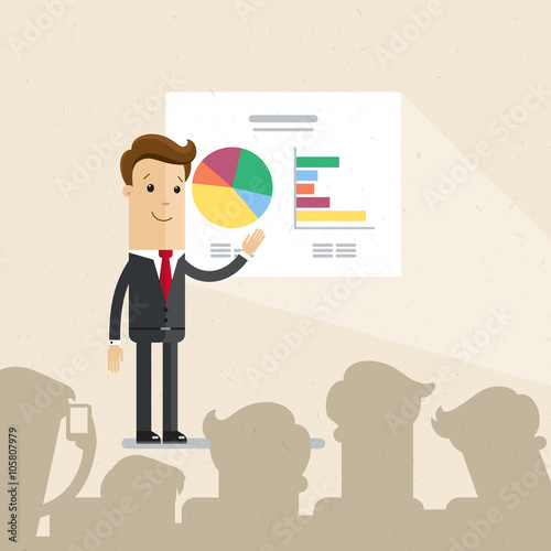 Businessman or manager. A man in a suit making a presentation before an audience. Illustration, vector EPS10.