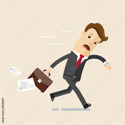 Manager or bisnessman are late. A man in a suit with a briefcase in his hands  are late, hurry, running, looks at the watch. Illustration, vector eps 10. photo