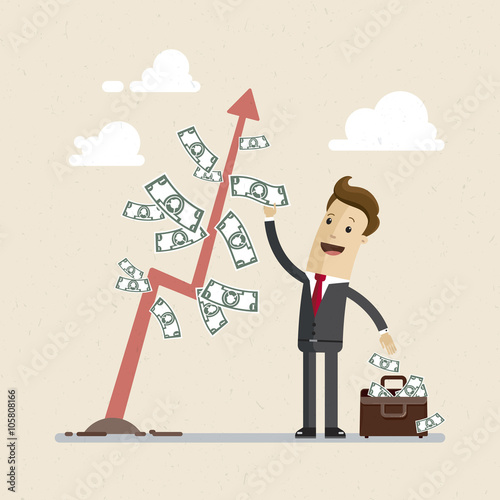 Businessman and money tree. A man in a suit  reaps greenbacks  from a money tree.  Illustration, Vector EPS 10